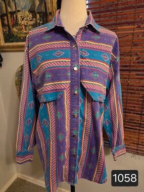 Vintage Roper Multicolor Aztec-Print Button Shirt — Purple & Teal